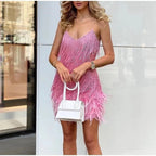 Women's Feather Sequin Cocktail Dress – Strappy Fringe Evening Party Dress