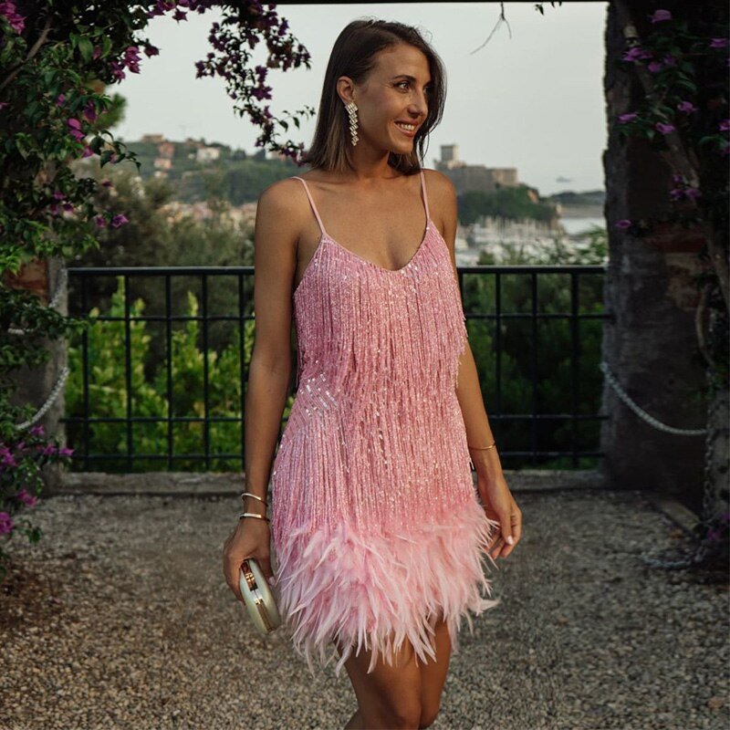 Women's Feather Sequin Cocktail Dress – Strappy Fringe Evening Party Dress