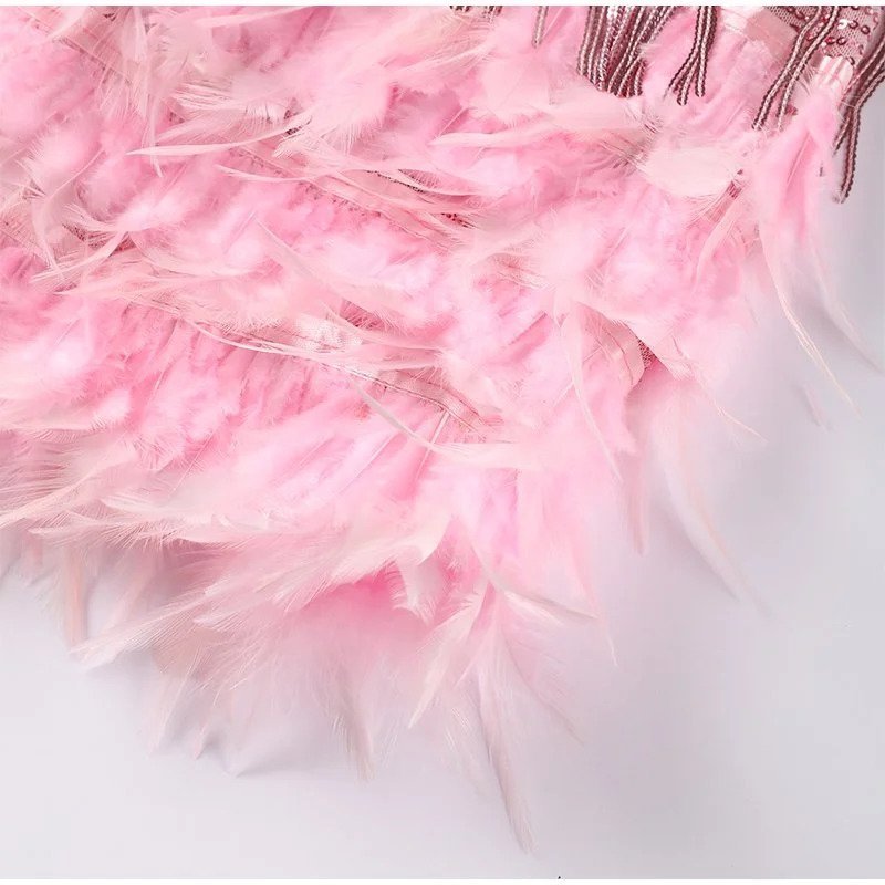 Women's Feather Sequin Cocktail Dress – Strappy Fringe Evening Party Dress