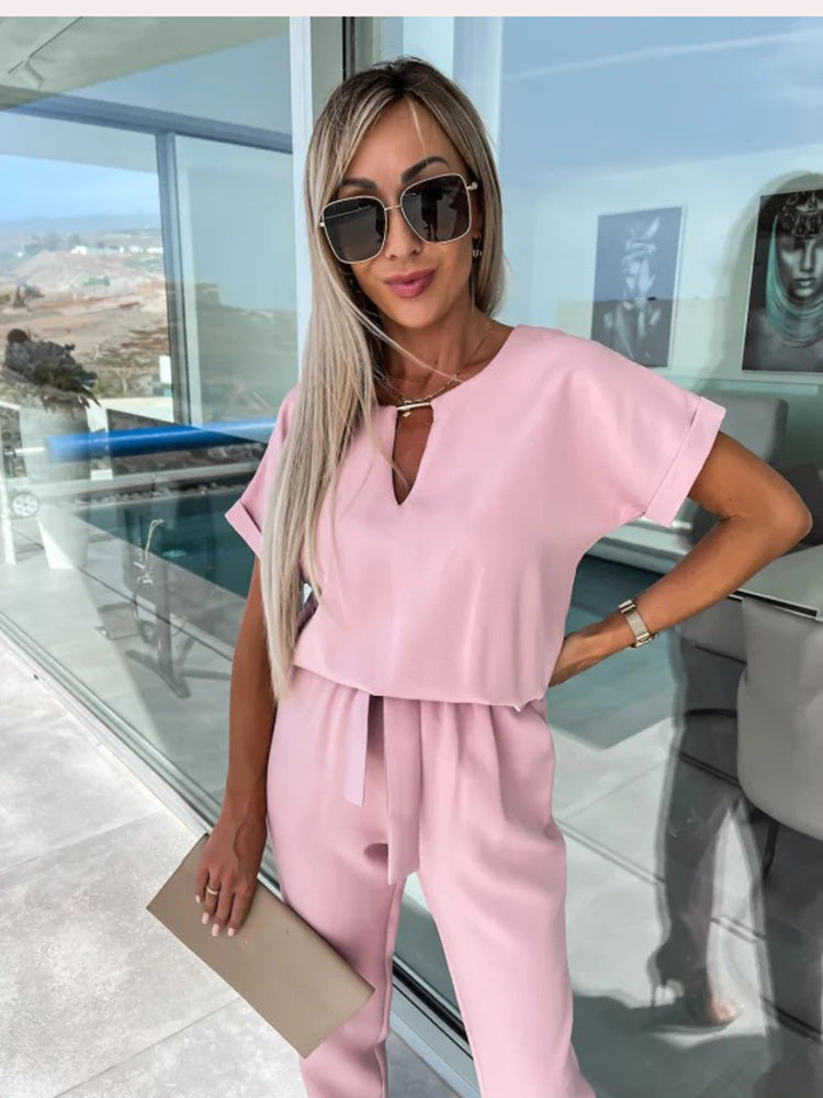 Women's Tie Waist Jumpsuit – Short Sleeve Round Neck Wide Leg Jumpsuit