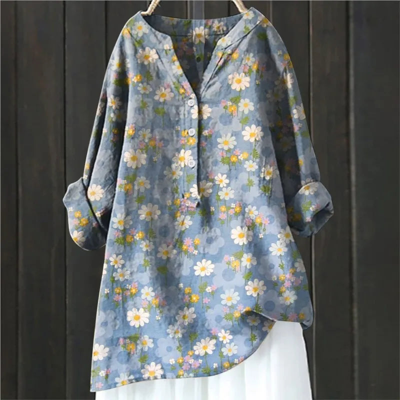 Women's Floral Blouse with V Neckline and Relaxed Fit