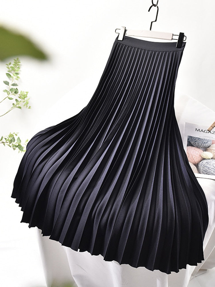 Women's Pleated Midi Skirt – High Waist A-Line Skirt