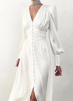 Women's V-Neck Wedding Guest Maxi Dress – Lantern Sleeve Flowy Formal Dress