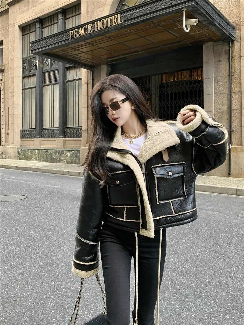 Women's Plush Collar Moto Coat – Faux Leather Winter Jacket