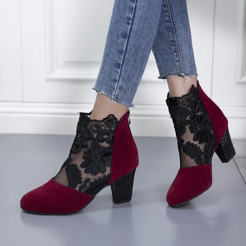 Women’s Mesh Heel Boots – Lace High Heel Statement Style - Heloise
