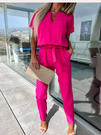 Women's Tie Waist Jumpsuit – Short Sleeve Round Neck Wide Leg Jumpsuit