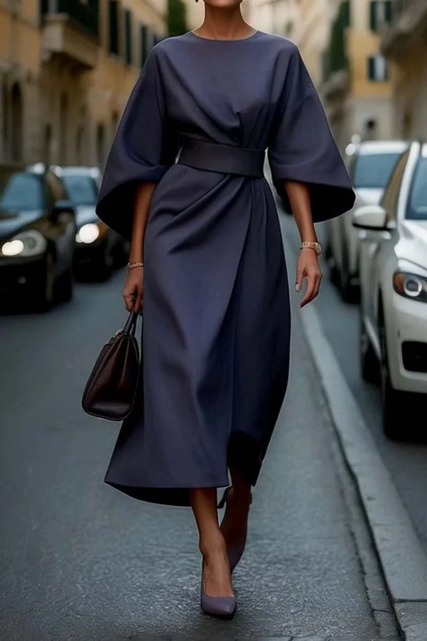 Women's Belted Midi Dress – Office Casual Dress