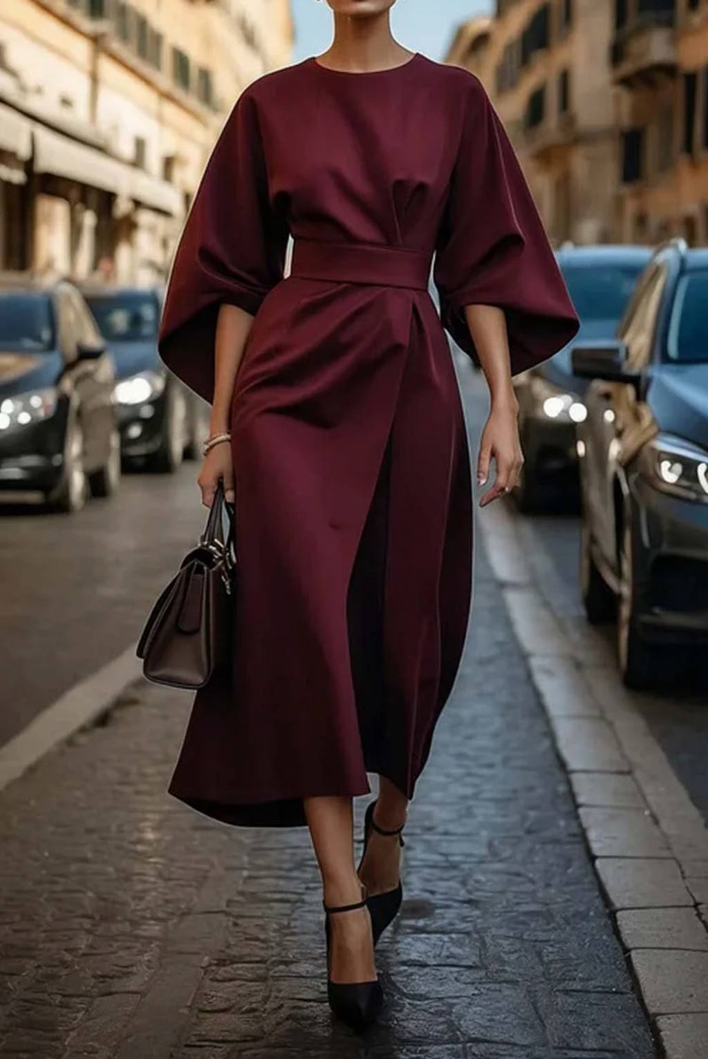 Women's Belted Midi Dress – Office Casual Dress
