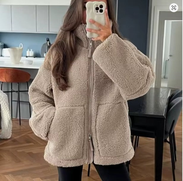 Women's Stand Collar Fleece Jacket – Oversized Zip-Up Winter Jacket