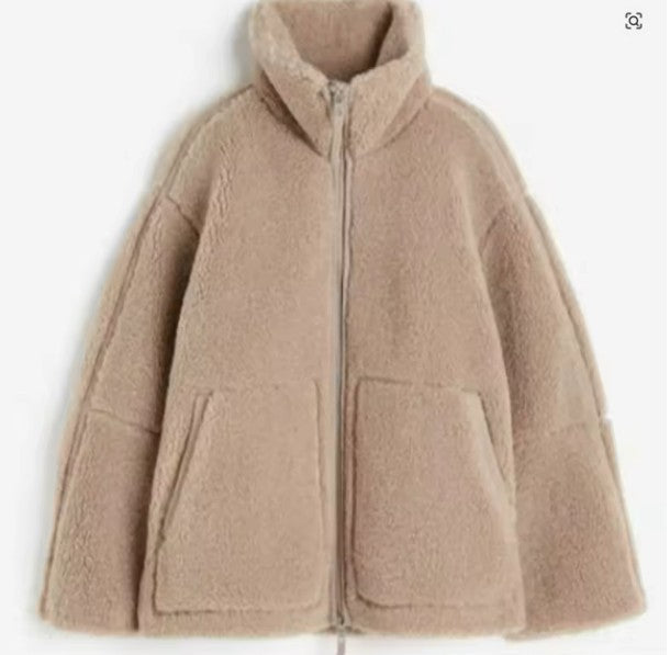 Women's Stand Collar Fleece Jacket – Oversized Zip-Up Winter Jacket