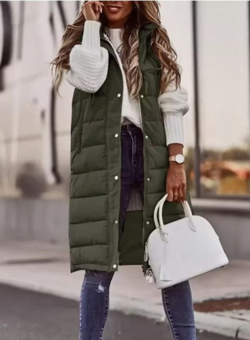 Women's Sleeveless Long Puffer Vest – Hooded Quilted Pocket Bodywarmer