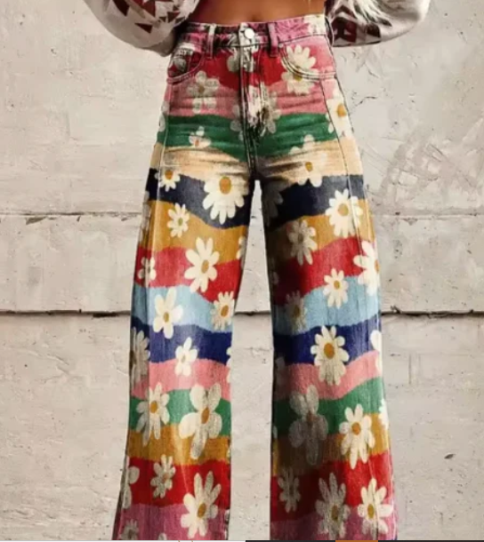 Women's Colourful Print Wide Leg Pants – Relaxed Summer Trousers