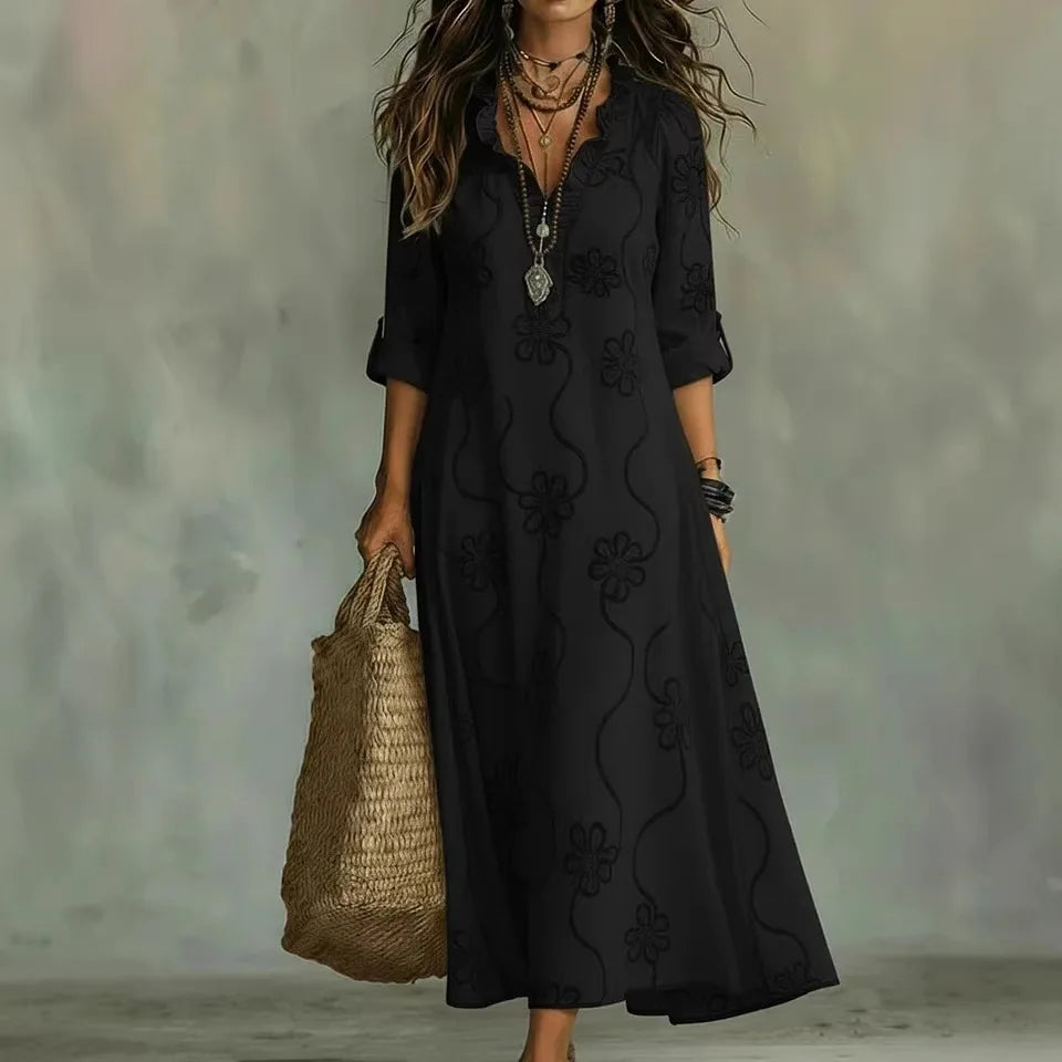 Women's Floral Roll Sleeve Shirt Dress – Relaxed Flowy Day Dress