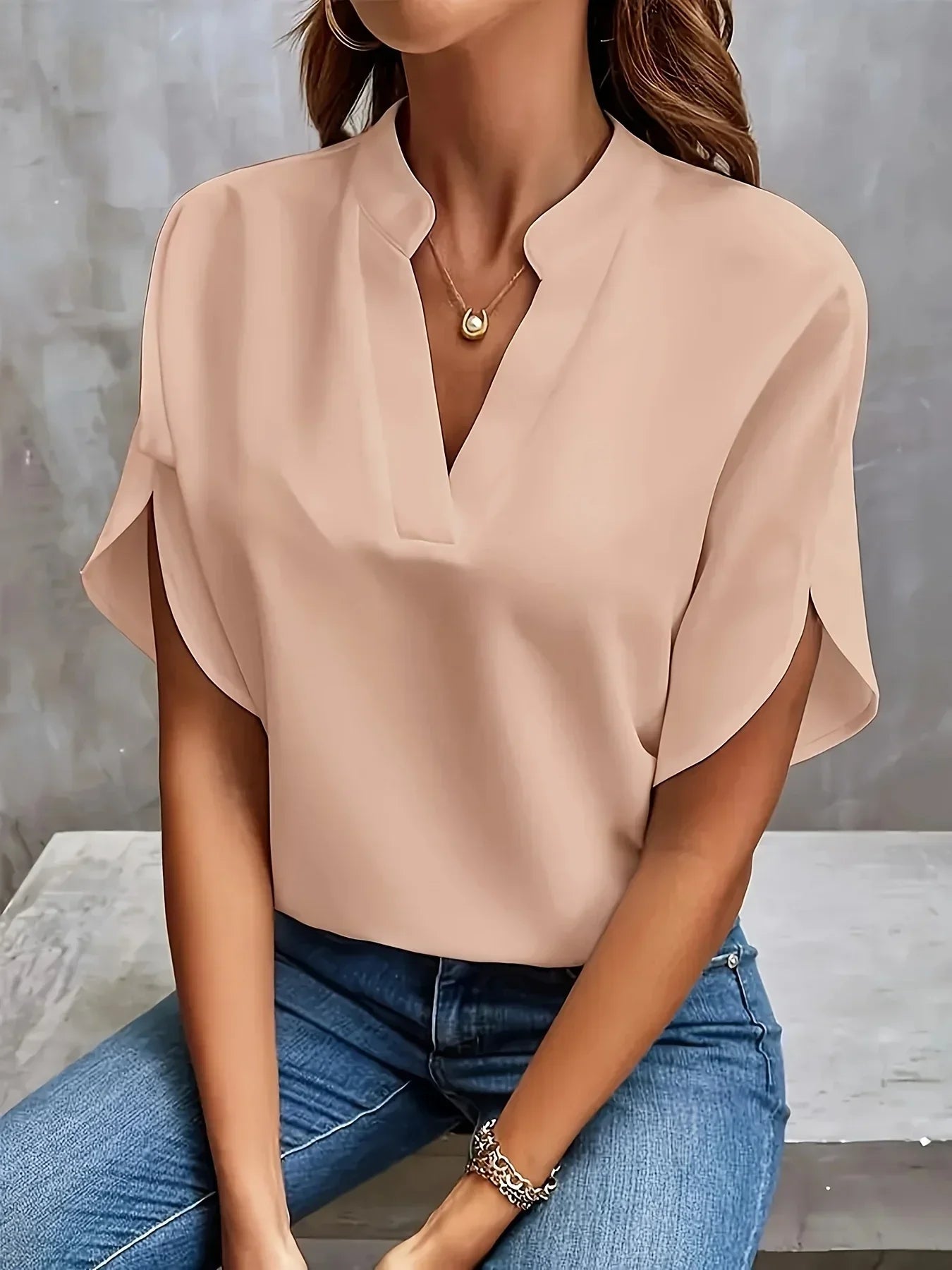 Women's V Neck Blouse with Split Sleeves and Flowing Fit
