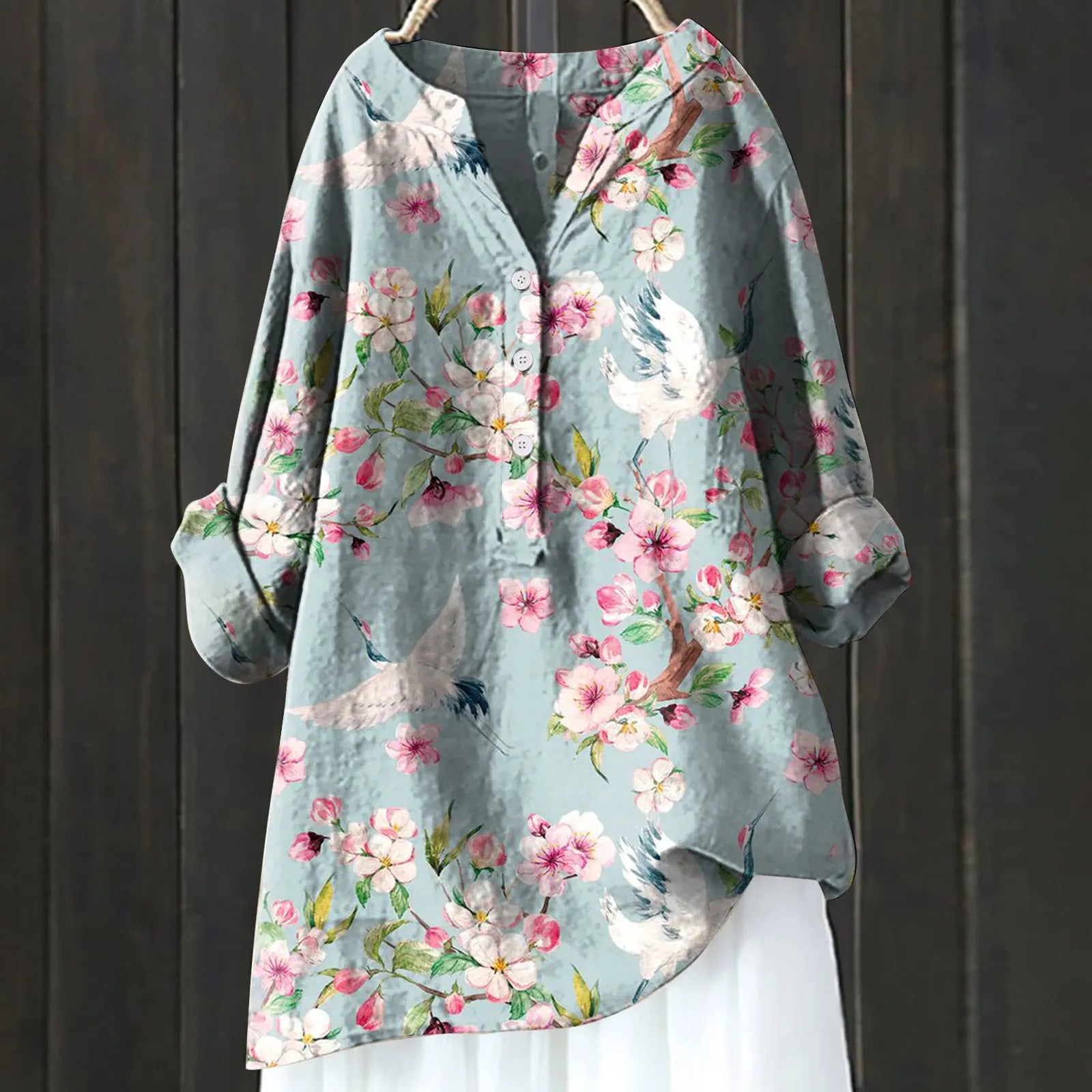 Women's Floral Blouse with V Neckline and Relaxed Fit