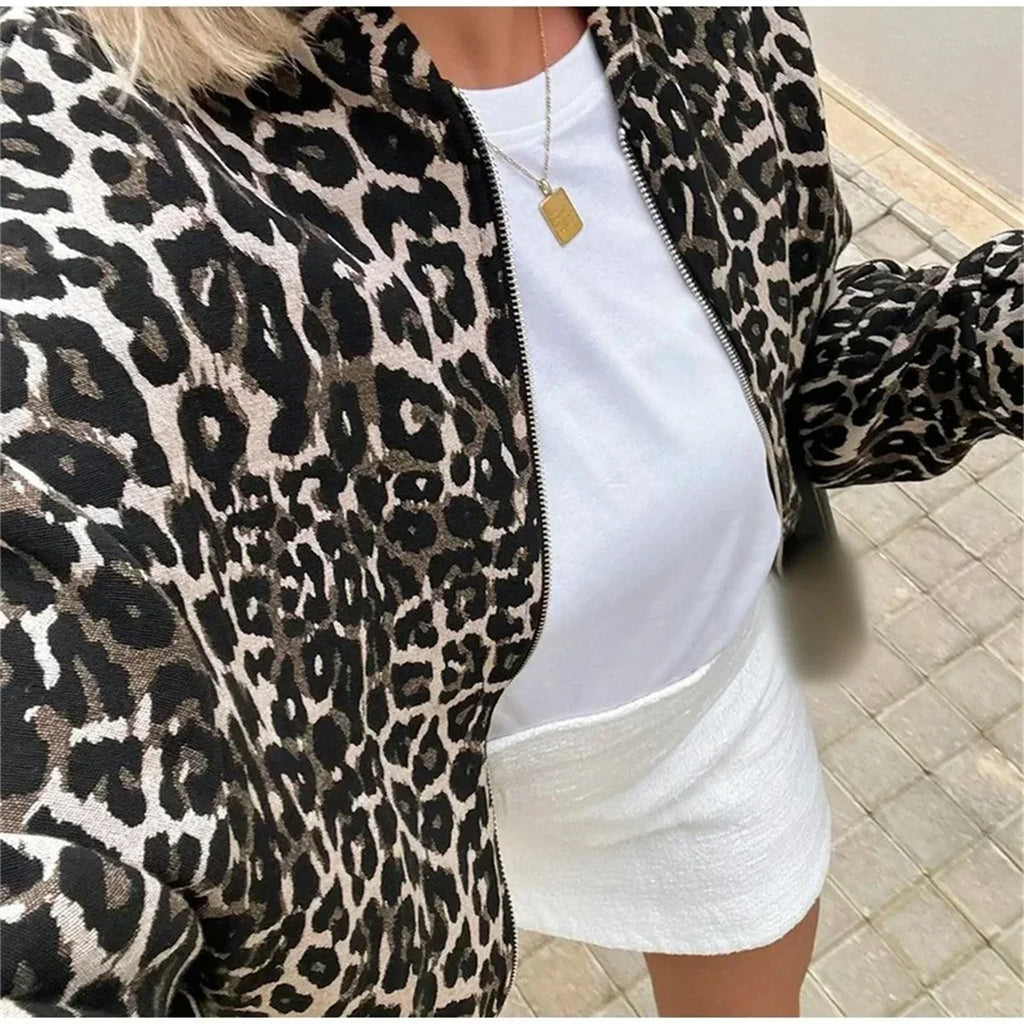 Women's Animal Print Bomber Jacket – Leopard Zip Front Jacket