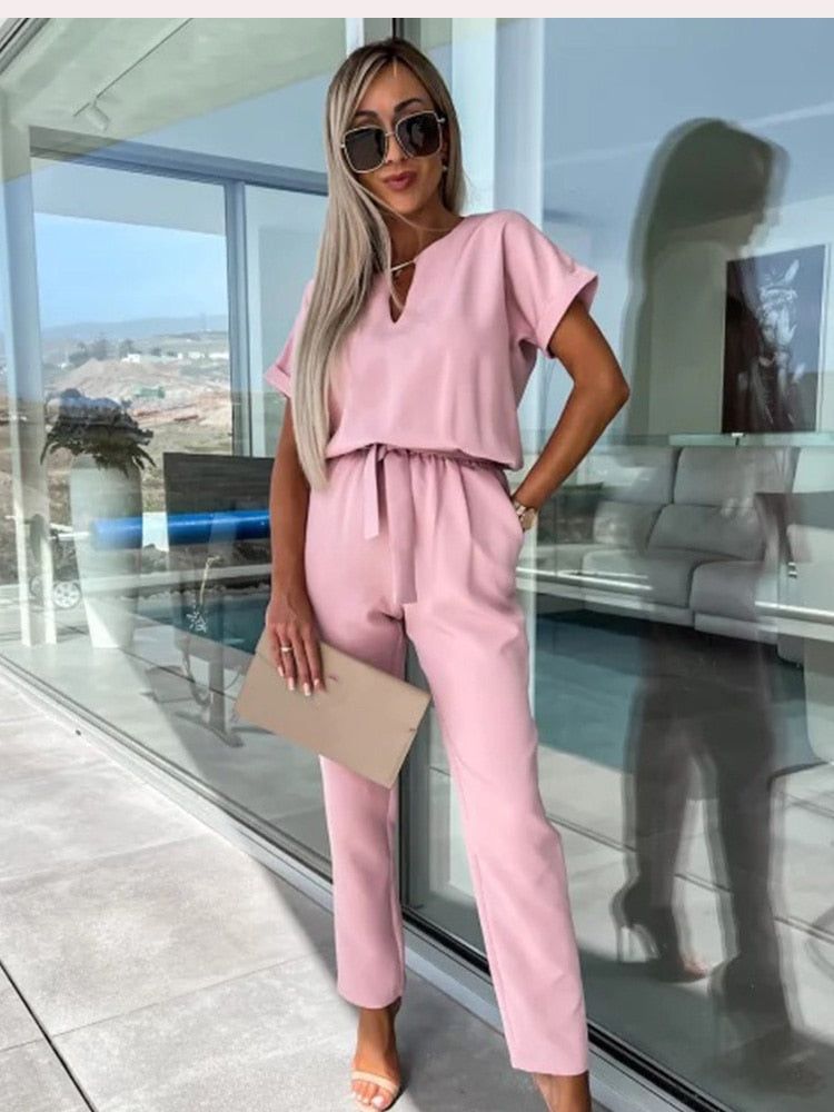 Women's Tie Waist Jumpsuit – Short Sleeve Round Neck Wide Leg Jumpsuit