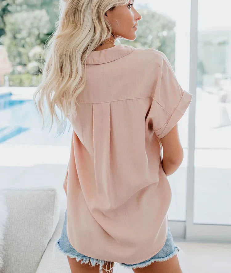 Women's Button Blouse with Short Sleeves and Chest Pocket
