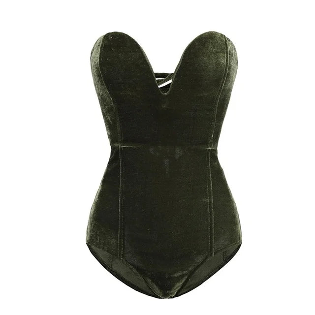 Women's Burgundy Strapless Bodysuit – Velvet Look Fitted Evening Bodysuit