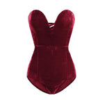 Women's Burgundy Strapless Bodysuit – Velvet Look Fitted Evening Bodysuit