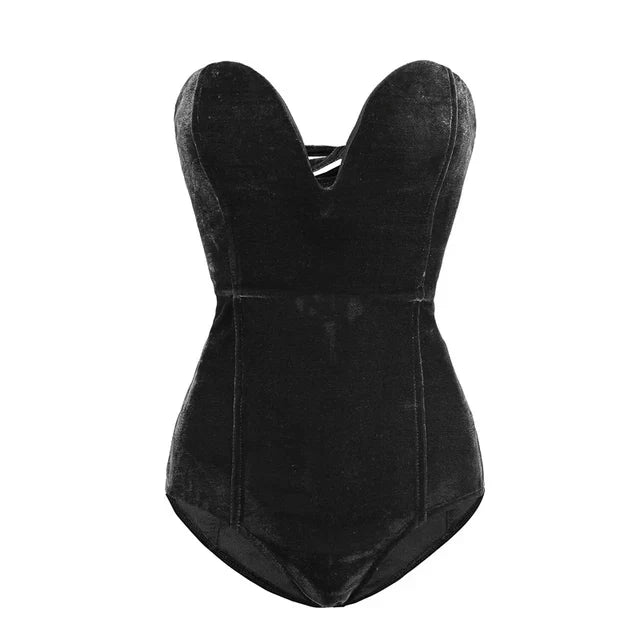 Women's Burgundy Strapless Bodysuit – Velvet Look Fitted Evening Bodysuit