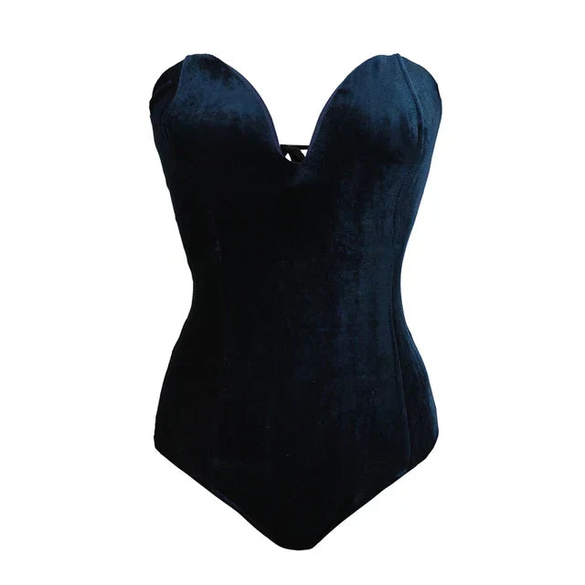 Women's Burgundy Strapless Bodysuit – Velvet Look Fitted Evening Bodysuit
