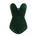 Women's Burgundy Strapless Bodysuit – Velvet Look Fitted Evening Bodysuit