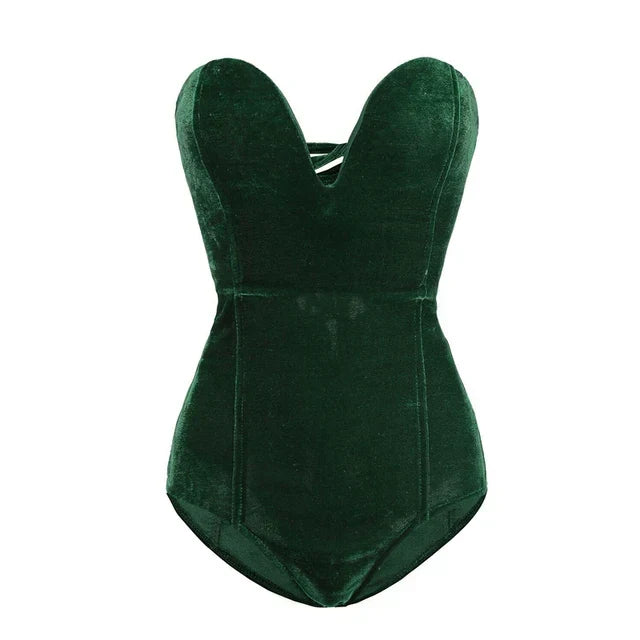 Women's Burgundy Strapless Bodysuit – Velvet Look Fitted Evening Bodysuit