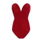 Women's Burgundy Strapless Bodysuit – Velvet Look Fitted Evening Bodysuit