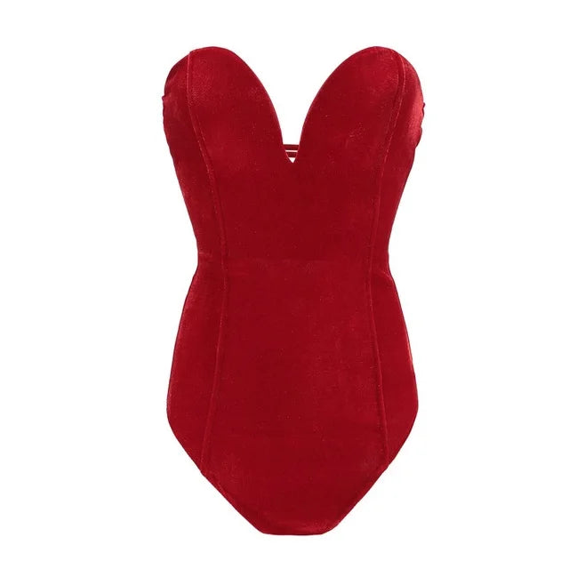 Women's Burgundy Strapless Bodysuit – Velvet Look Fitted Evening Bodysuit
