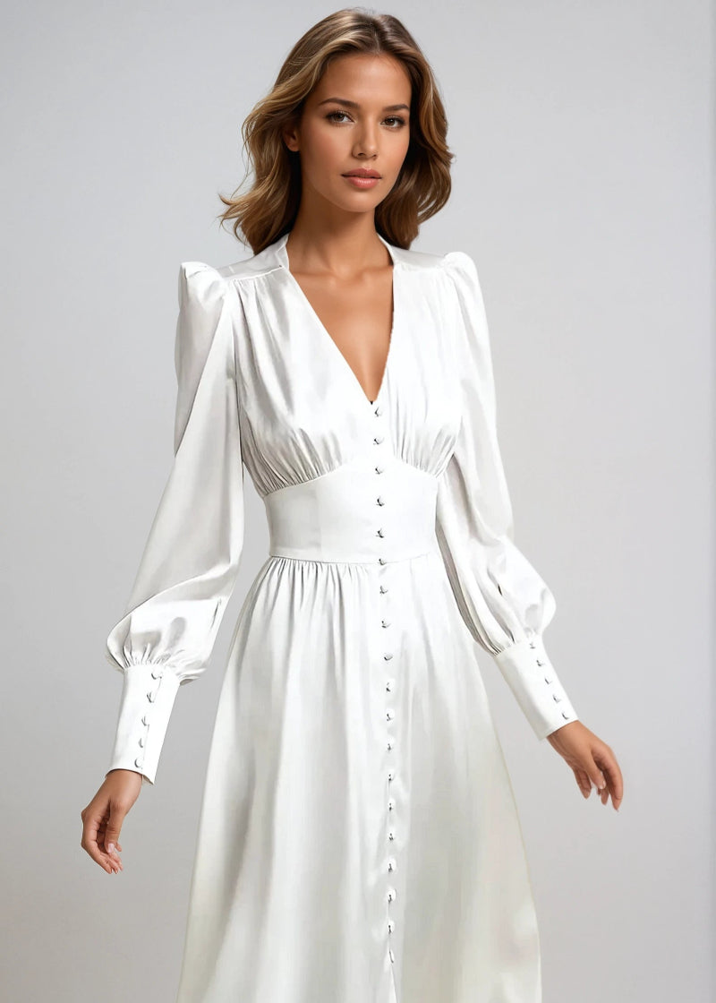Women's V-Neck Wedding Guest Maxi Dress – Lantern Sleeve Flowy Formal Dress