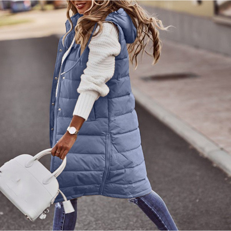 Women's Sleeveless Long Puffer Vest – Hooded Quilted Pocket Bodywarmer