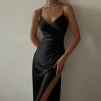 Women's Draped V-Neck Maxi Gown – Side Slit Formal Evening Dress