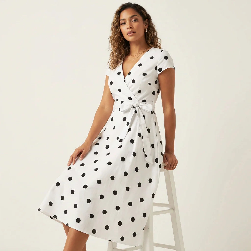Women's Polka Dot Wrap Dress – V-Neck Midi Dress