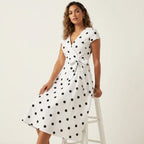 Women's Polka Dot Wrap Dress – V-Neck Midi Dress