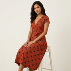 Women's Polka Dot Wrap Dress – V-Neck Midi Dress