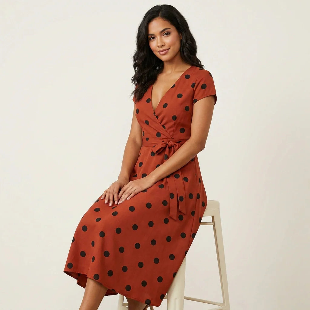 Women's Polka Dot Wrap Dress – V-Neck Midi Dress