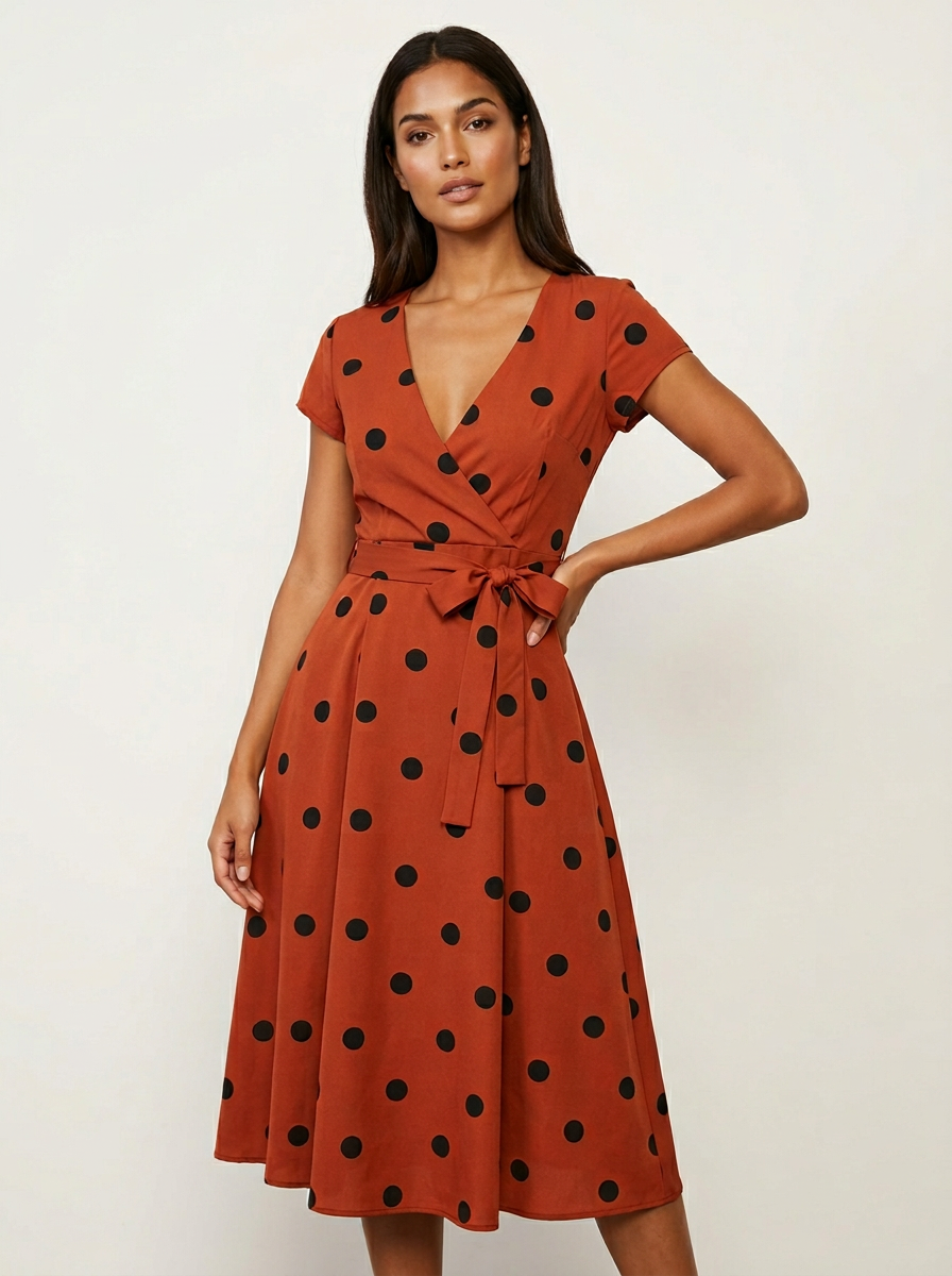 Women's Polka Dot Wrap Dress – V-Neck Midi Dress