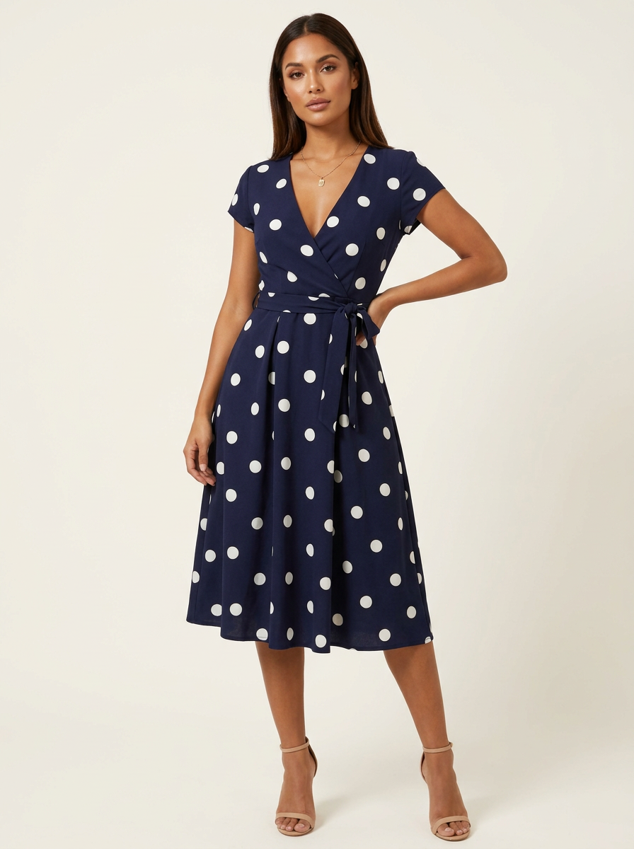 Women's Polka Dot Wrap Dress – V-Neck Midi Dress