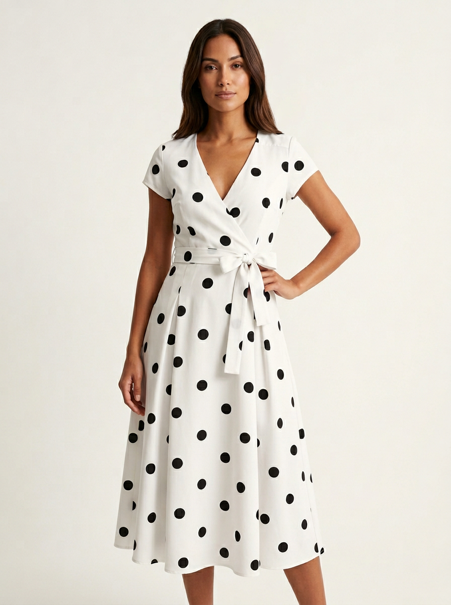 Women's Polka Dot Wrap Dress – V-Neck Midi Dress