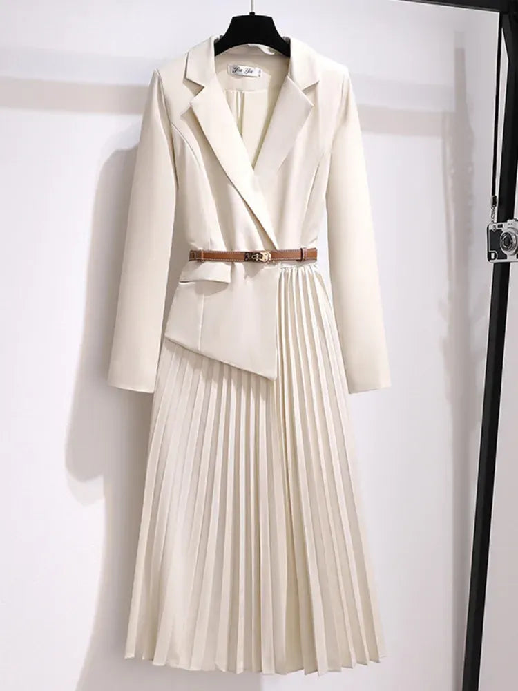 Women's Pleated Midi Dress – Blazer Style Dress