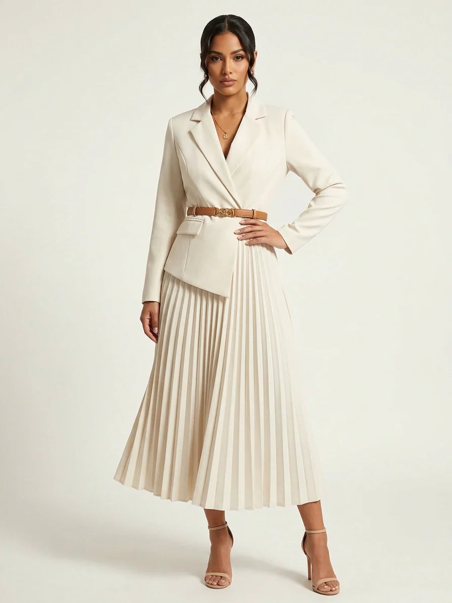 Women's Pleated Midi Dress – Blazer Style Dress