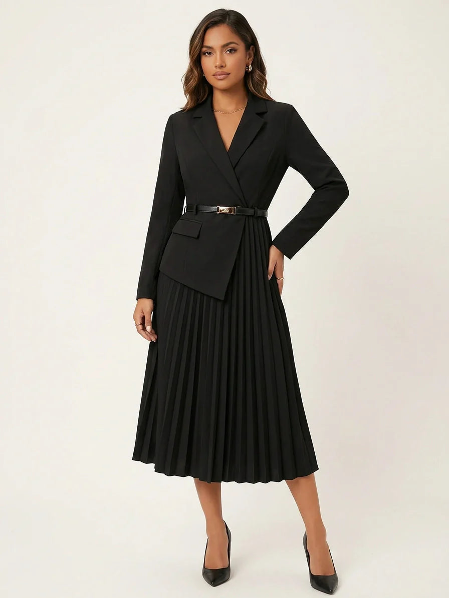 Women's Pleated Midi Dress – Blazer Style Dress