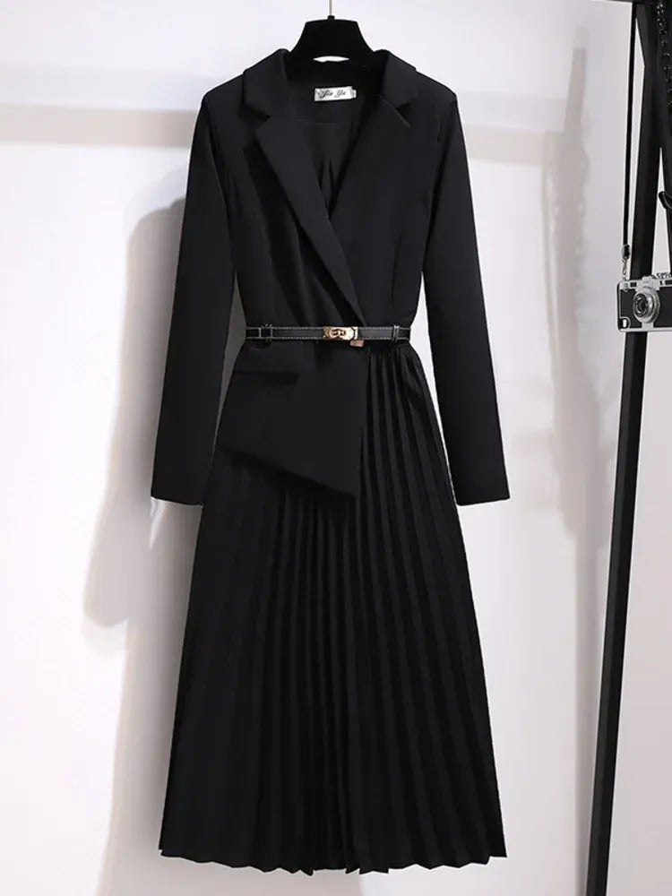 Women's Pleated Midi Dress – Blazer Style Dress