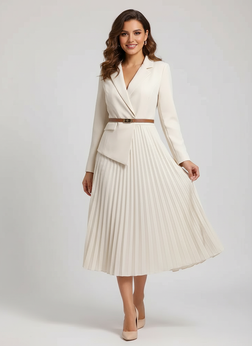 Women's Pleated Midi Dress – Blazer Style Dress