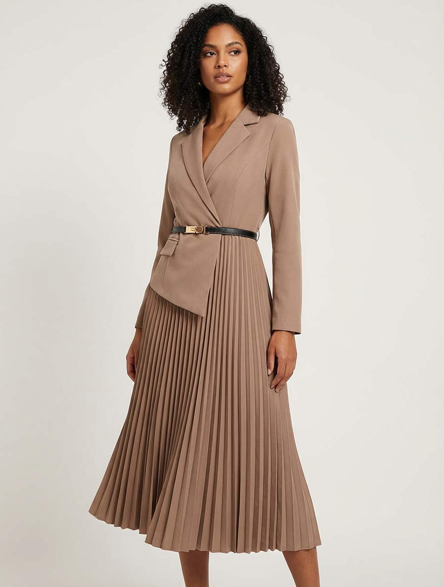 Women's Pleated Midi Dress – Blazer Style Dress