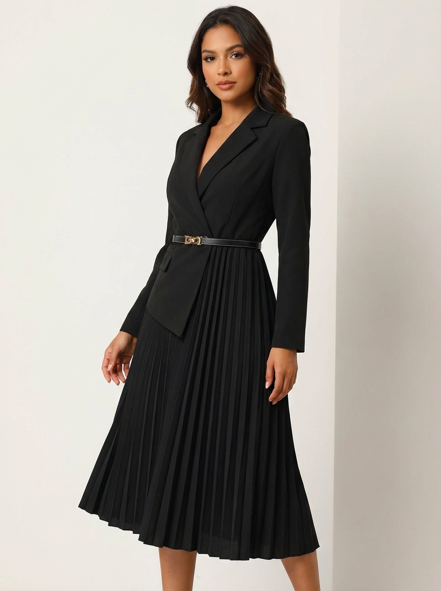 Women's Pleated Midi Dress – Blazer Style Dress
