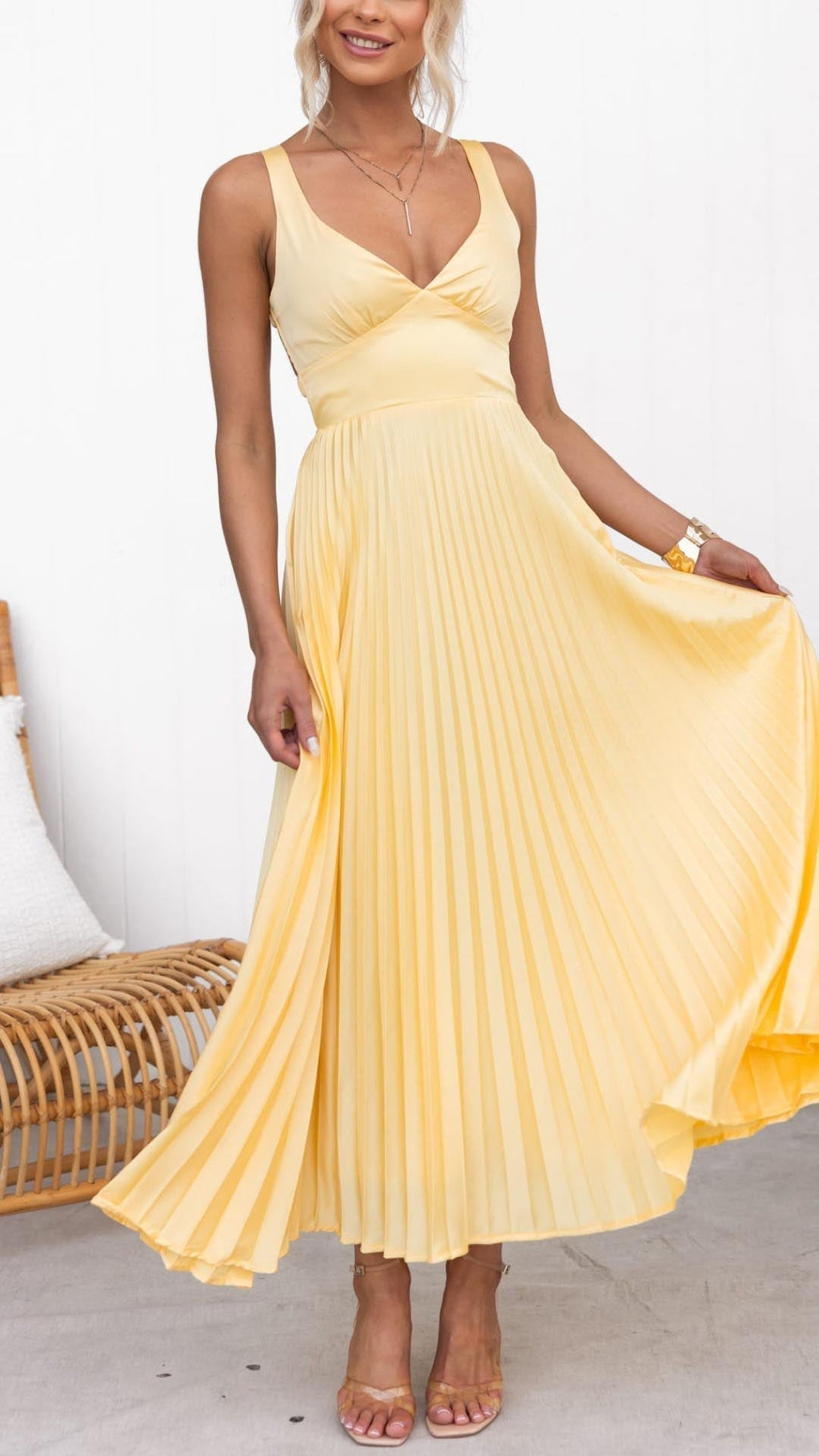 Women's Maxi Dress – Pleated V-Neck Dress – Margot