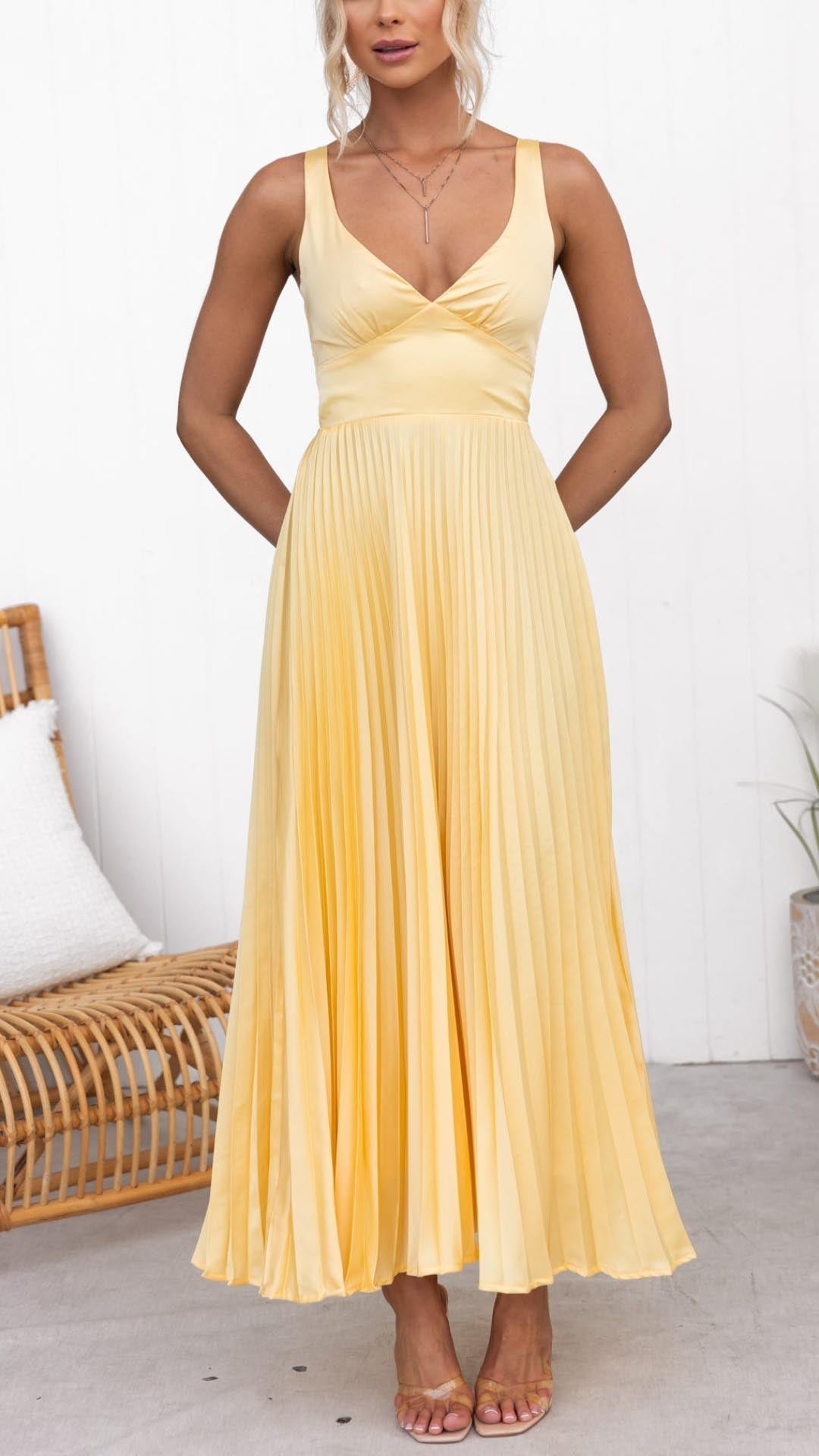 Women's Maxi Dress – Pleated V-Neck Dress – Margot