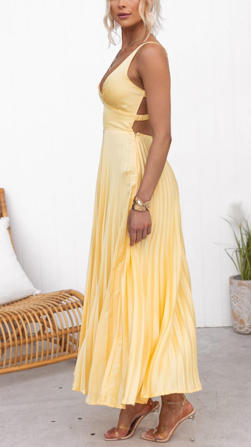 Women's Maxi Dress – Pleated V-Neck Dress – Margot